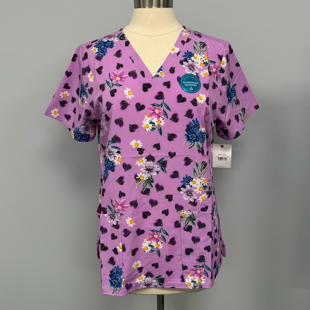 NWT Cherokee Scrub Top S Purple Spring Flowers & Hearts Scrubs Medical Uniform